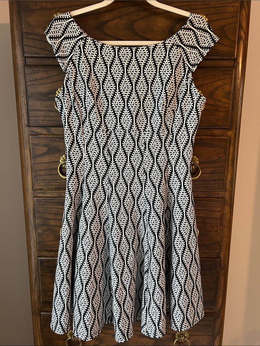 Julian Taylor Black and White Patterned Midi Dress, Size 10